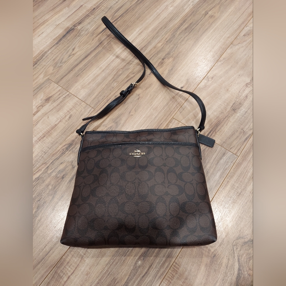 Coach Signature File Bag In Brown Coated Canvas with Black Leather Trim. EUC
